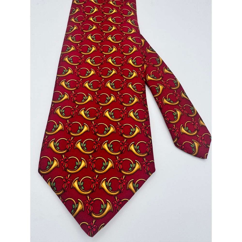 Brooks Brothers Mens Silk Tie Red Holiday French Horn Musical Christmas USA Made